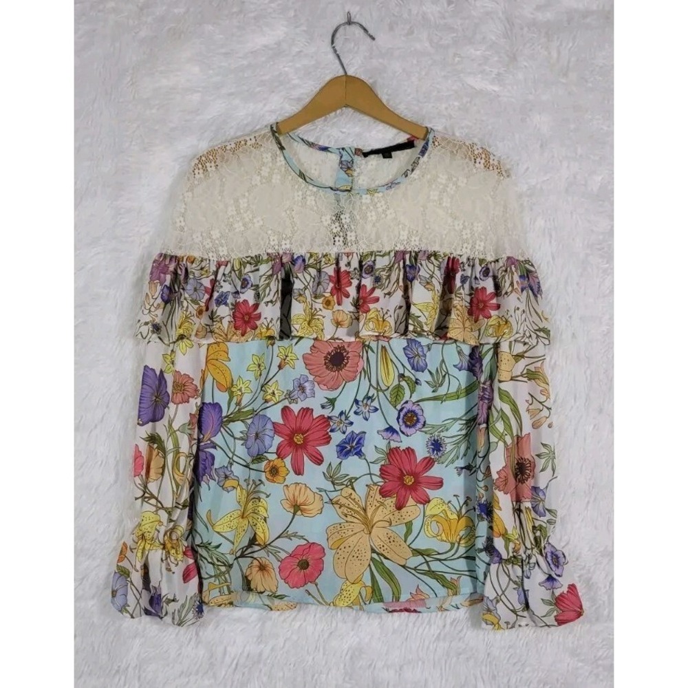 Maxsport Floral AOP Lace Flounce Sleeve Top Sz M Cottage Fairy Twee Ruffle